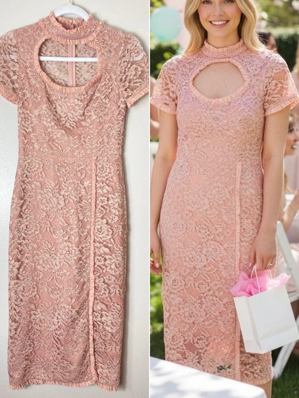 NWT ALEXIS DRESS PINK BLUSH FLORAL LACE COQUETTE EMBROIDERED RUFFLE COCKTAIL